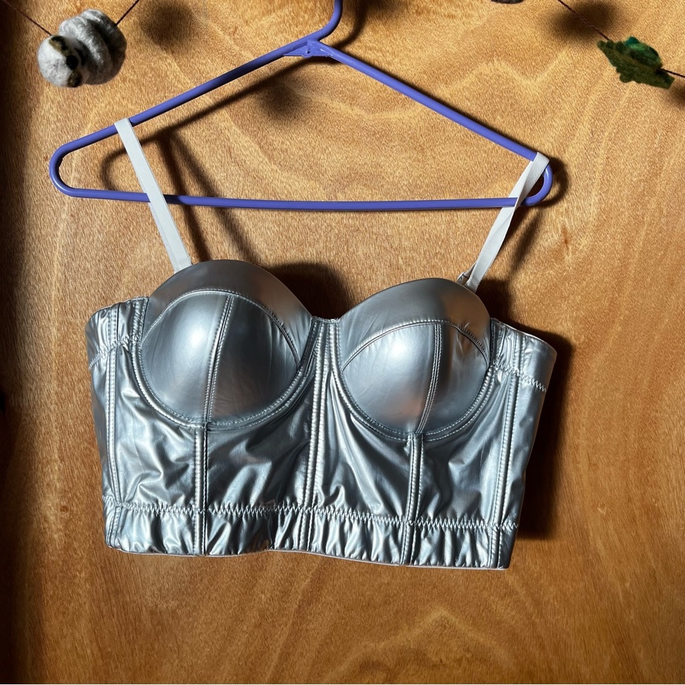 Mega Sexy Silver Bra Corset Top, it’s a L and 40C. Super cute shiny silver bra